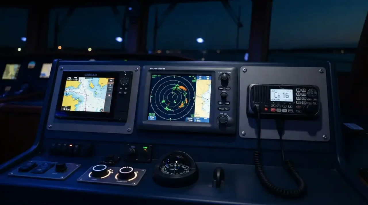 EU certified marine navigation and communication equipment on ship control panel
