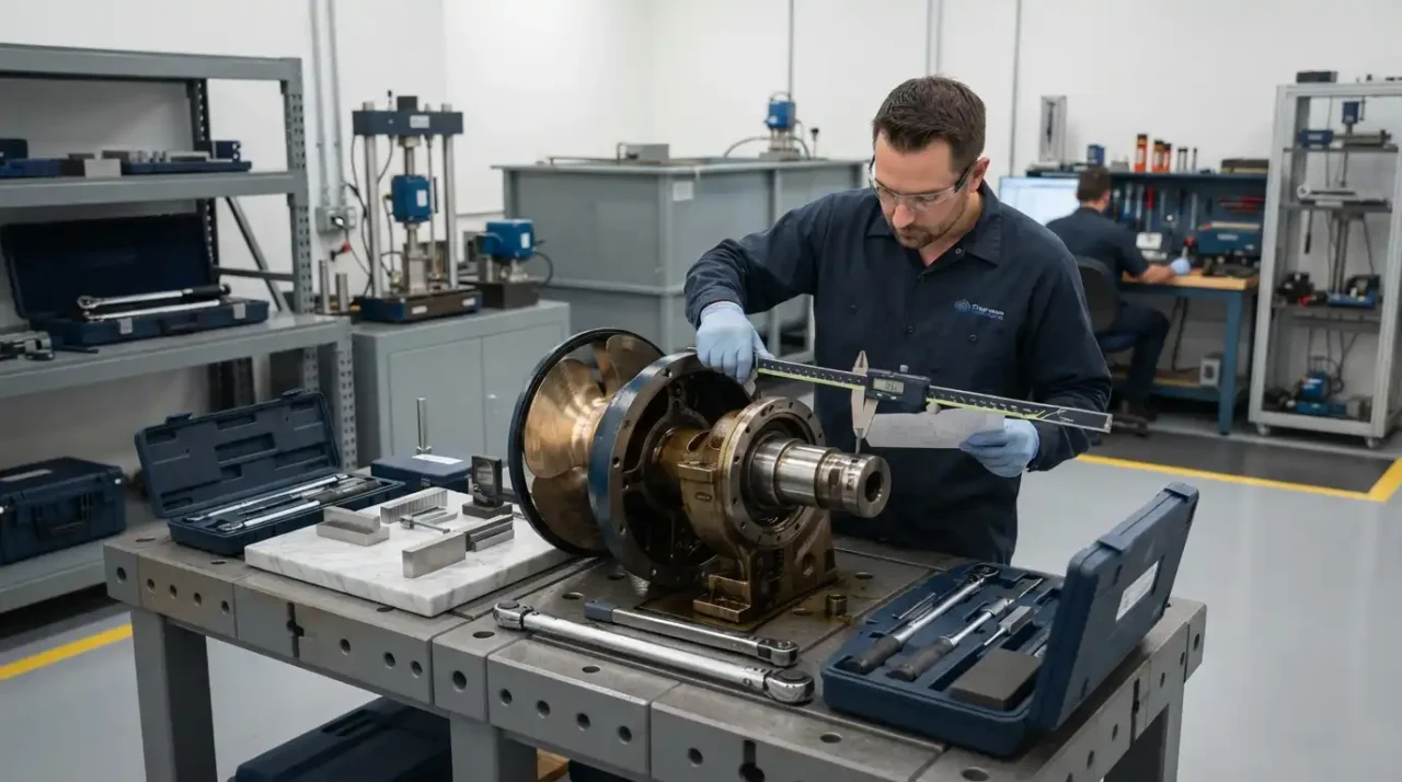 Technician testing marine thruster equipment for EU certification compliance